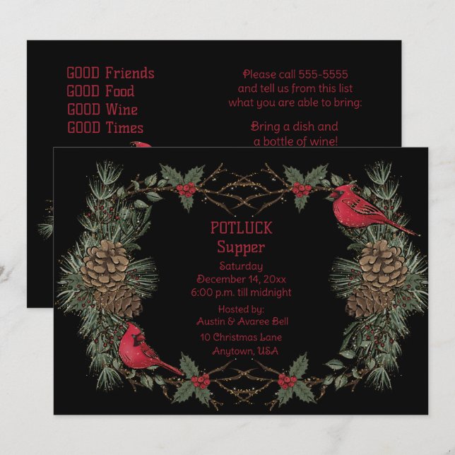 Red Cardinal Wreath Christmas Pot Luck Supper  Invitation (Front/Back)