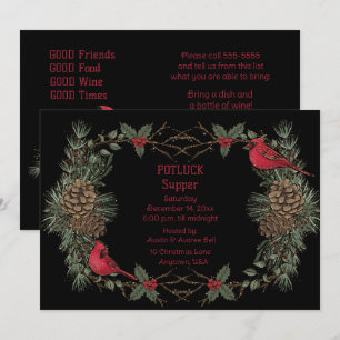 Red Cardinal Wreath Christmas Pot Luck Supper  Invitation