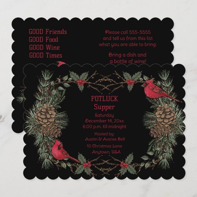 Red Cardinal Wreath Christmas Pot Luck Supper  Invitation (Front/Back)