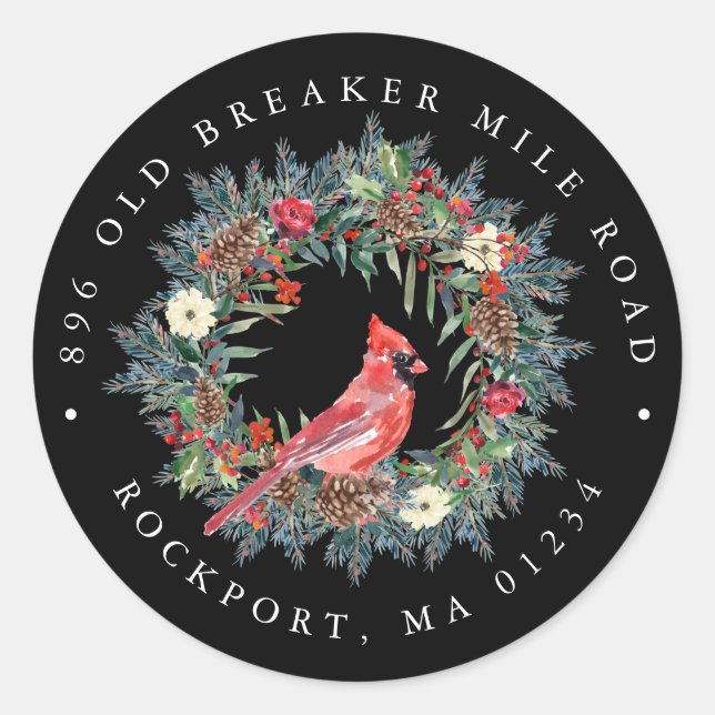 Red Cardinal Wreath Christmas Return Address Label (Front)