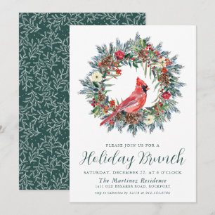 Red Cardinal Wreath Holiday Brunch Invitation