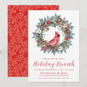 Red Cardinal Wreath Holiday Brunch Invitation