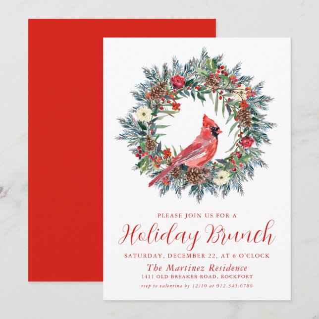 Red Cardinal Wreath Holiday Brunch Invitation (Front/Back)