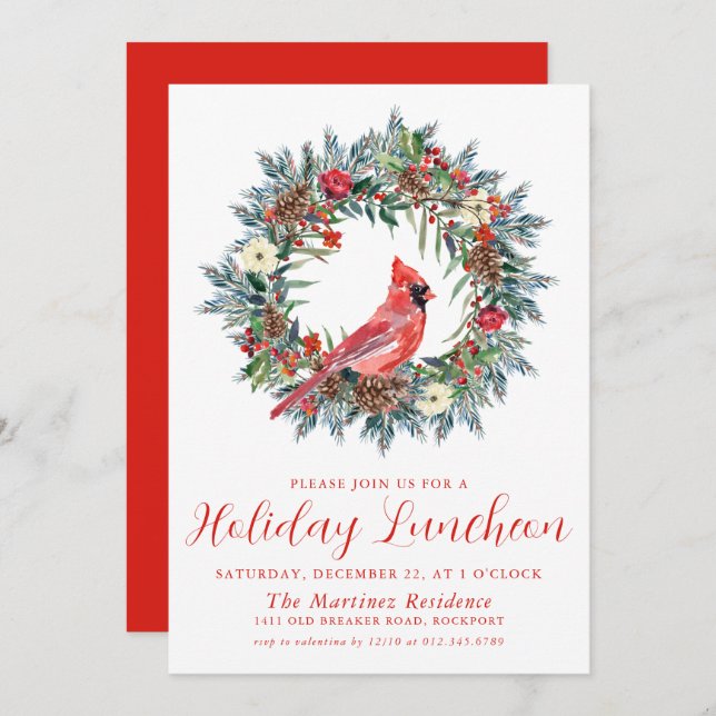 Red Cardinal Wreath Holiday Luncheon Invitation (Front/Back)