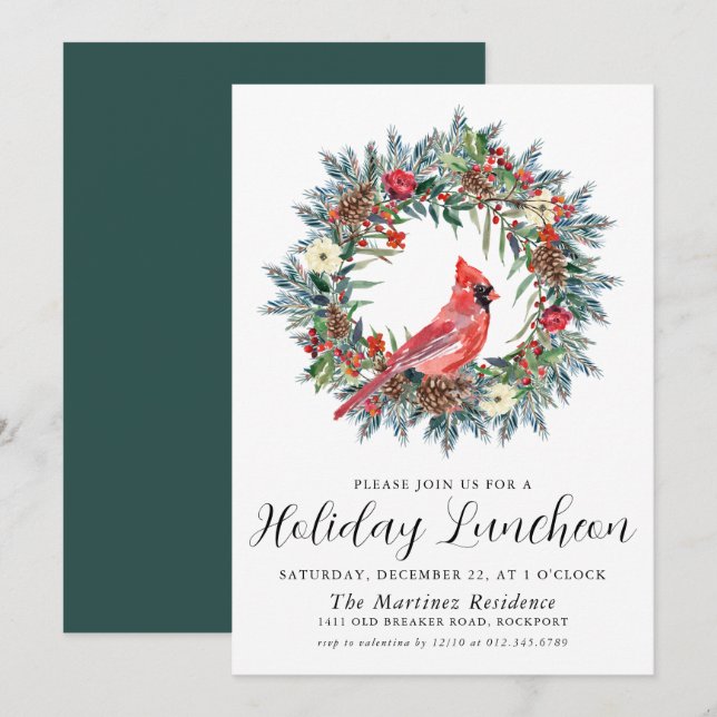 Red Cardinal Wreath Holiday Luncheon Invitation (Front/Back)