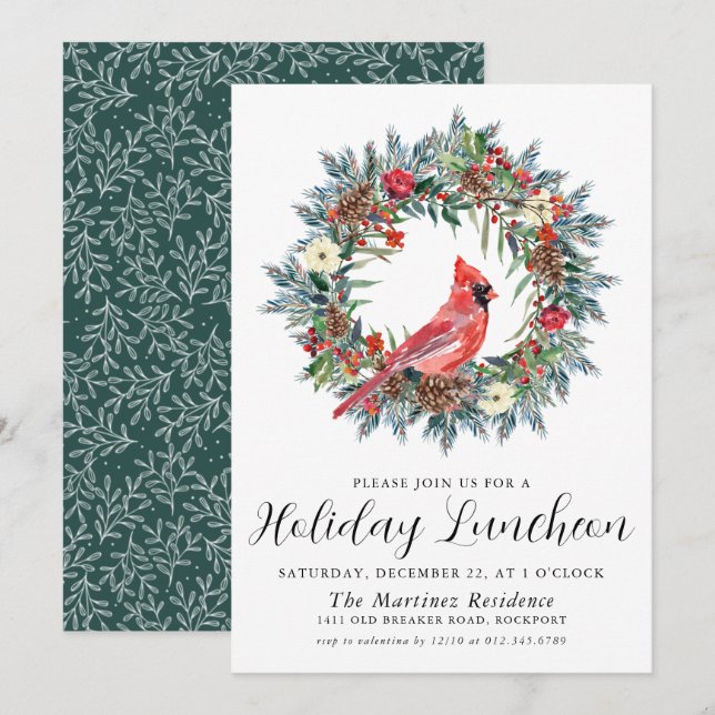 Red Cardinal Wreath Holiday Luncheon Invitation (Front/Back)