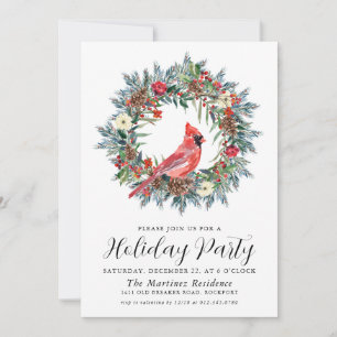 Red Cardinal Wreath Holiday Party Invitation