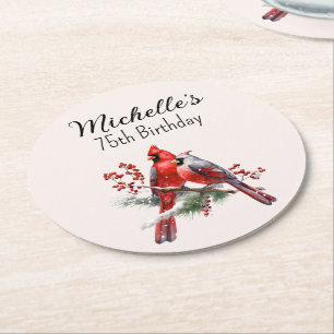 Red Cardinals 75th Birthday Round Paper Coaster