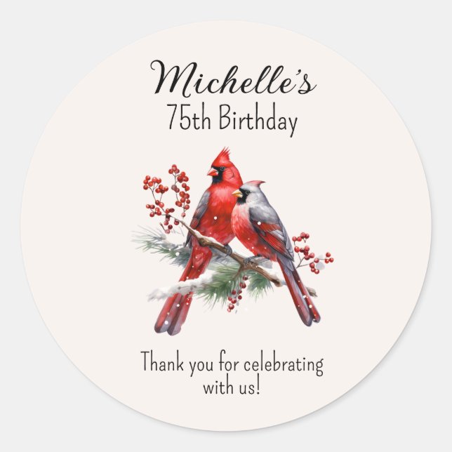 Red Cardinals 75th Birthday Thank You Classic Round Sticker (Front)