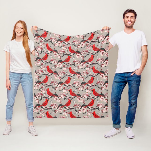 Red Cardinals And Cherry Blossoms Fleece Blanket (In Situ)