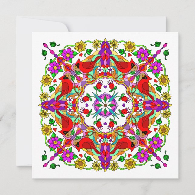 Red Cardinals and Colourful Flowers Art Thank You Card (Front)
