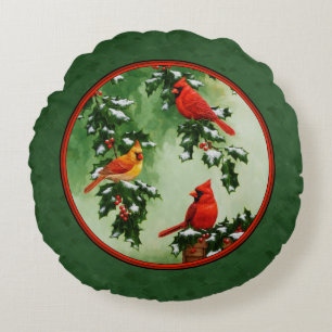 Red Cardinals and Holly Green Round Cushion