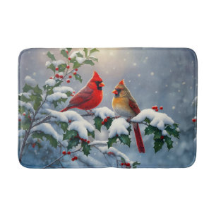 Red Cardinals and Holly in Snow Bath Mat
