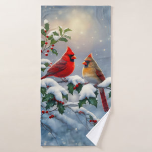 Red Cardinals and Holly in Snow Bath Towel