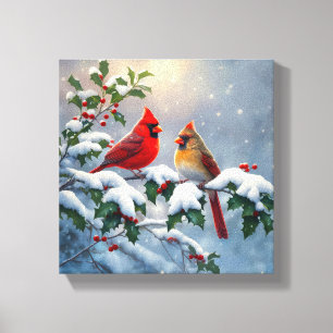 Red Cardinals and Holly in Snow Canvas Print