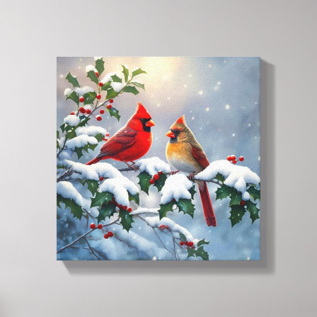 Red Cardinals and Holly in Snow Canvas Print (Front)