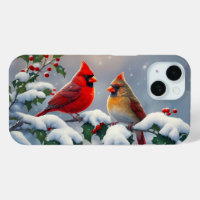 Red Cardinals and Holly in Snow