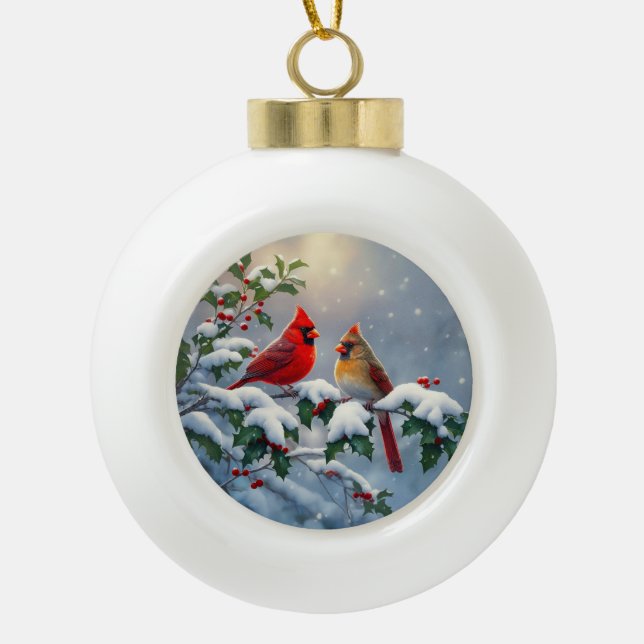 Red Cardinals and Holly in Snow Ceramic Ball Christmas Ornament (Front)