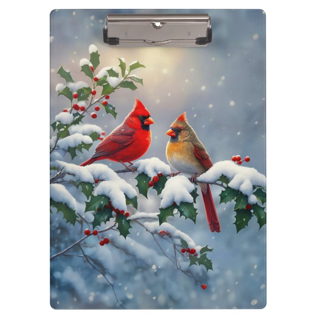 Red Cardinals and Holly in Snow Clipboard (Front)