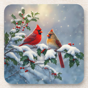 Red Cardinals and Holly in Snow Coaster