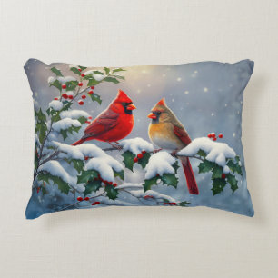 Red Cardinals and Holly in Snow Decorative Cushion