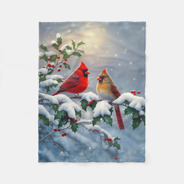 Red Cardinals and Holly in Snow Fleece Blanket (Front)