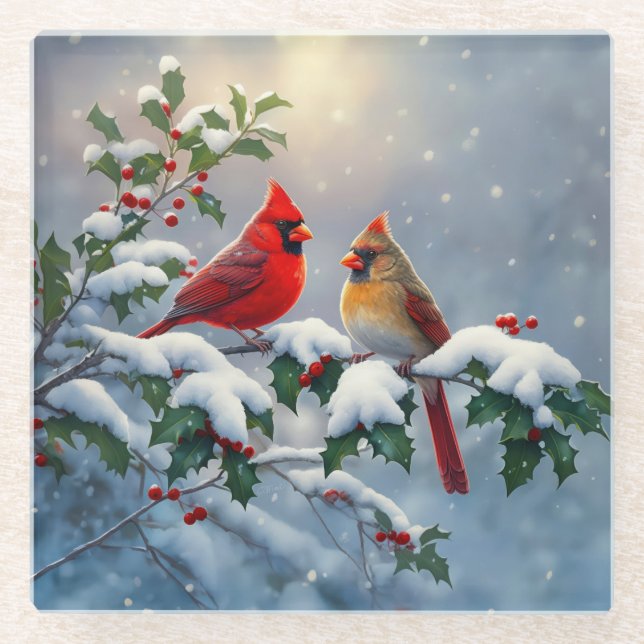 Red Cardinals and Holly in Snow Glass Coaster (Front)