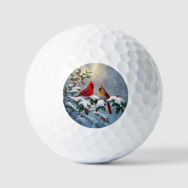 Red Cardinals and Holly in Snow Golf Balls (Front)