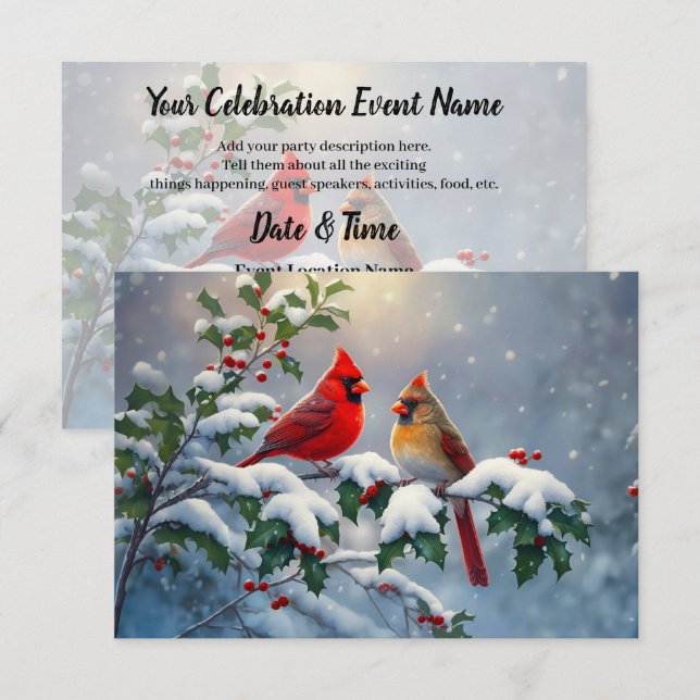 Red Cardinals and Holly in Snow Invitation (Front/Back)
