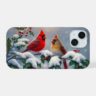 Red Cardinals and Holly in Snow iPhone 15 Case