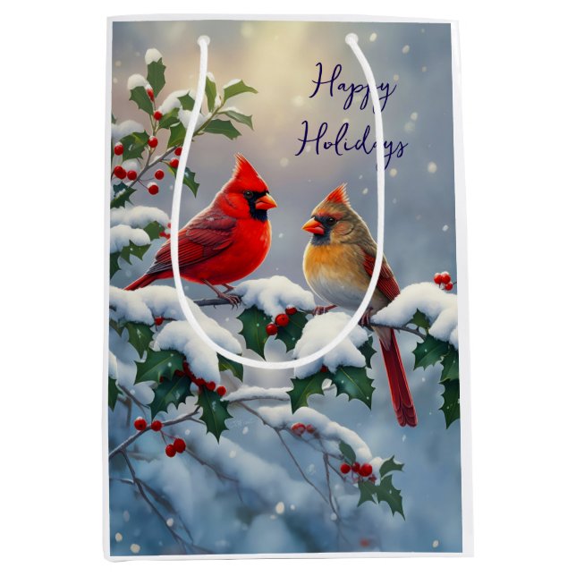 Red Cardinals and Holly in Snow Medium Gift Bag (Front)