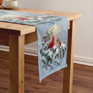 Red Cardinals and Holly in Snow Medium Table Runner