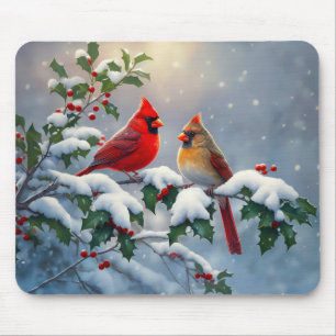 Red Cardinals and Holly in Snow Mouse Mat