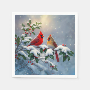 Red Cardinals and Holly in Snow Napkin