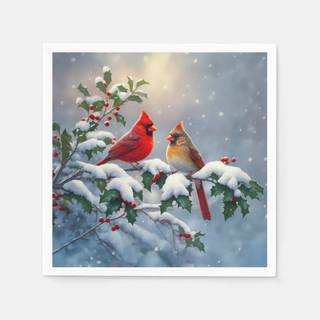 Red Cardinals and Holly in Snow Napkin (Front)