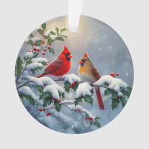 Red Cardinals and Holly in Snow Ornament