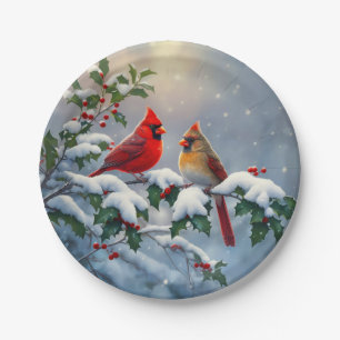 Red Cardinals and Holly in Snow Paper Plate