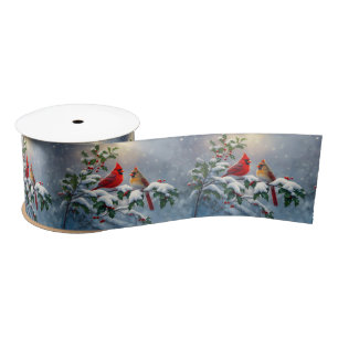 Red Cardinals and Holly in Snow Satin Ribbon