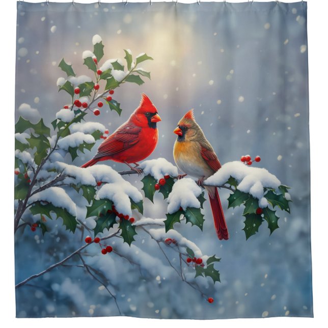 Red Cardinals and Holly in Snow Shower Curtain (Front)