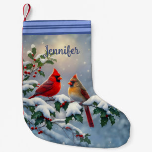 Red Cardinals and Holly in Snow Small Christmas Stocking