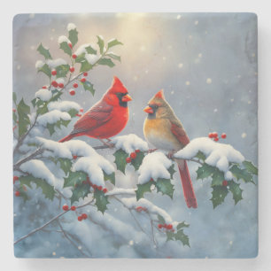 Red Cardinals and Holly in Snow Stone Coaster