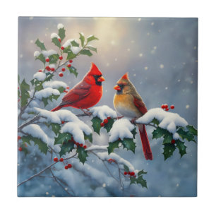 Red Cardinals and Holly in Snow Tile