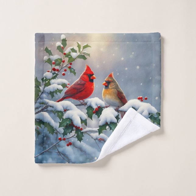 Red Cardinals and Holly in Snow Wash Cloth (Wash Cloth)