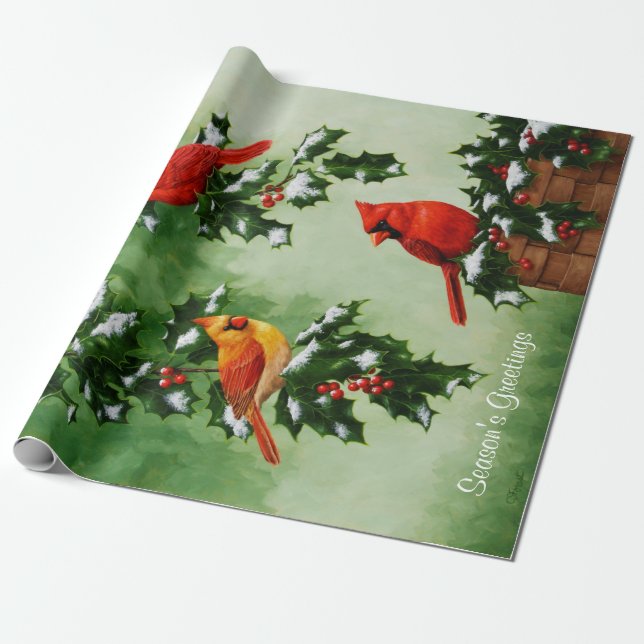 Red Cardinals and Holly Leaves Wrapping Paper (Unrolled)