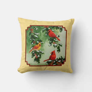 Red Cardinals and Holly Yellow Cushion