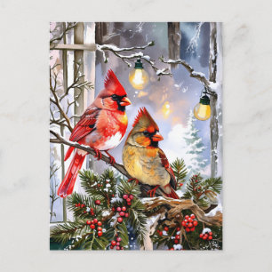 Red Cardinals and Wild Berries Winter Nature Holiday Postcard