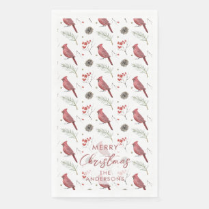 Red Cardinals and Winter Berries Custom Christmas Napkin