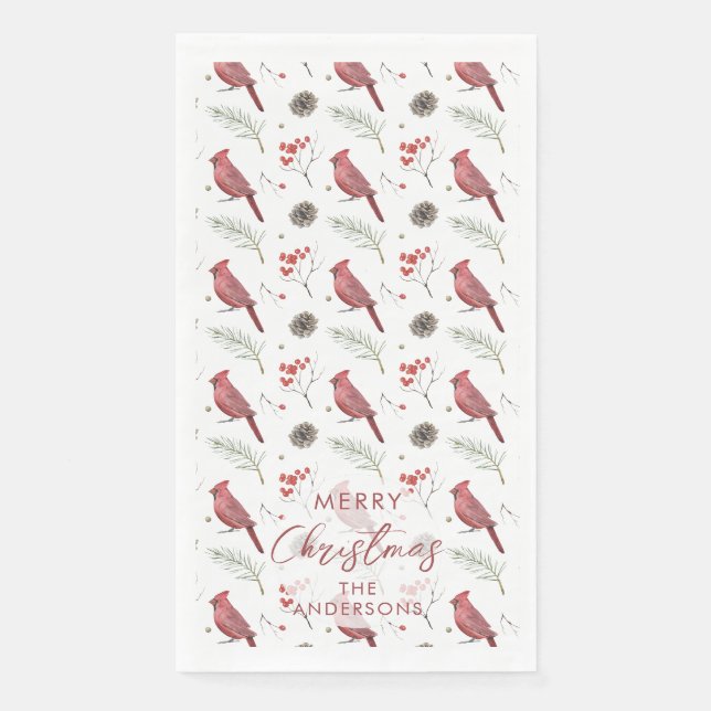 Red Cardinals and Winter Berries Custom Christmas Napkin (Front)