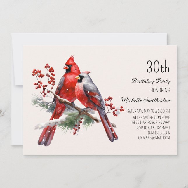 Red Cardinals Berries 30th Birthday Invitation (Front)