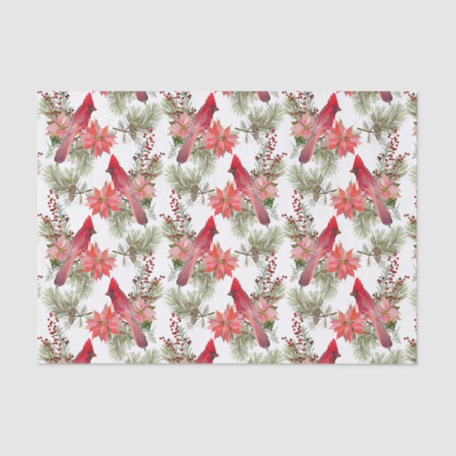 Red Cardinals, Berries and Poinsettia Flowers   Tissue Paper (Front)